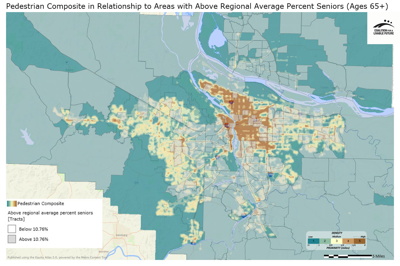 Pedestrian Composite in Relationship to Areas with Above Regional Average Percent Seniors (Ages 65+) 
