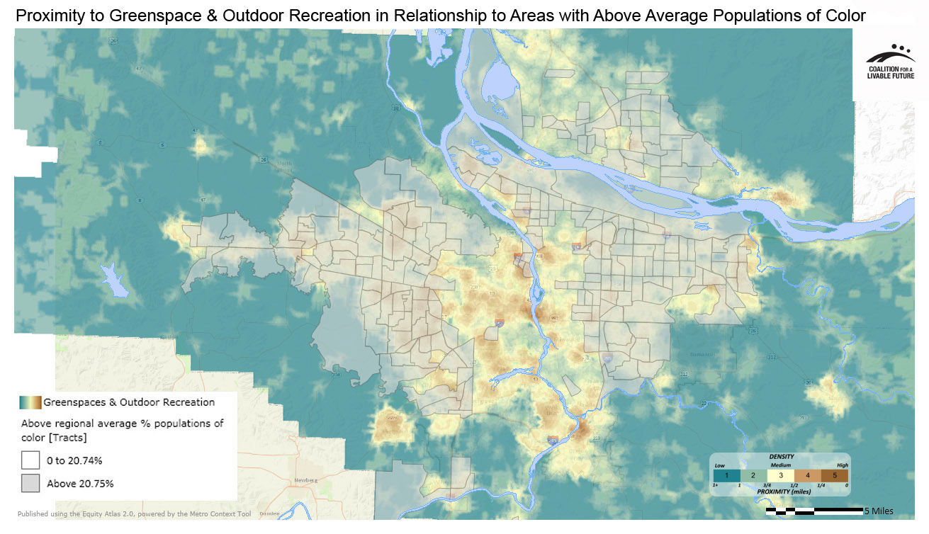 Proximity to Greenspace & Outdoor Recreation in Relationship to Areas with Above Regional Average Percent Populations of Color Proximity to Greenspace & Outdoor Recreation in Relationship to Areas with Above Regional Average Percent Populations of Color