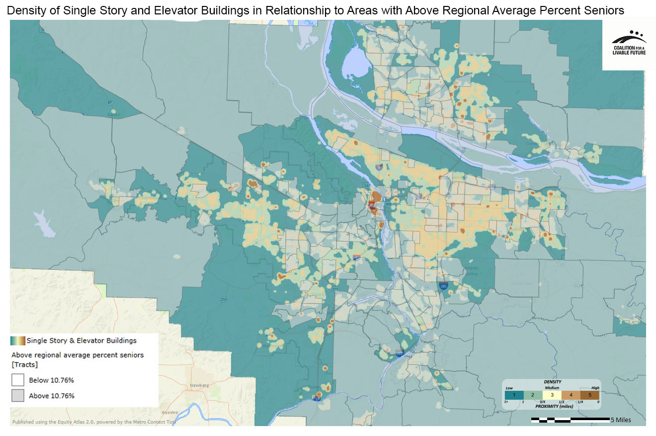 Density of Single Story Housing and Elevator Buildings in Relationship to Areas with Above Regional Average Percent Seniors (Ages 65+) Density of Single Story Housing and Elevator Buildings in Relationship to Areas with Above Regional Average Percent Seniors (Ages 65+)