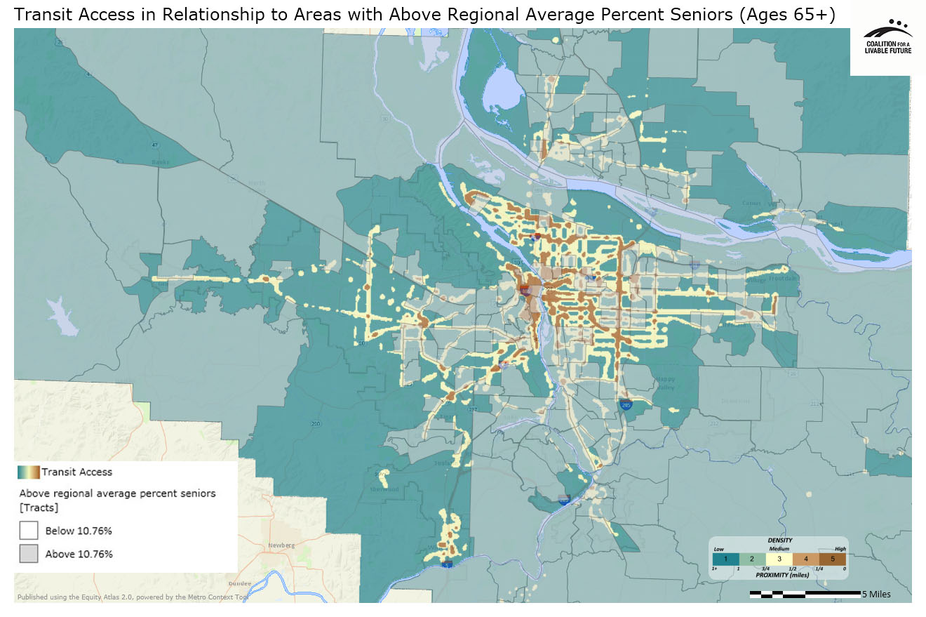 Transit Access in Relationship to Areas with Above Regional Average Percent Seniors (Ages 65+)